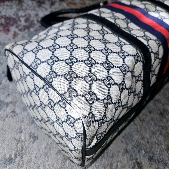 GUCCI BOSTON BAG VINTAGE SHERRY LINE GG SUPREME CANVAS NAVY RED UNISEX - Picture 6 of 13